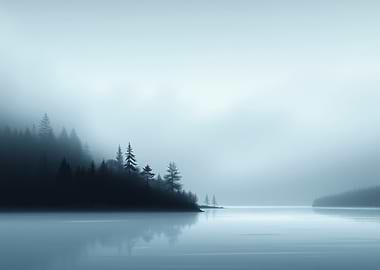 Misty Forest Lake Landscape