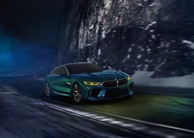 BMW M8 Driving Through Snowy Mountains