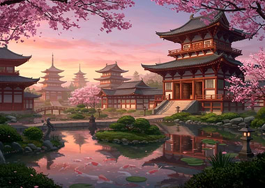 Traditional Japanese Temple Garden at Sunset