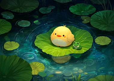 Cute Chick and Frog on Lilypad
