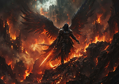 Fallen Angel Warrior in Burning Ruins