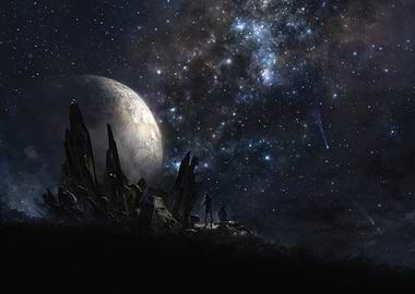 Two figures watching the starry sky
