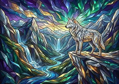 Wolf in Animal Paradise: Stained Glass Mountain Landscape