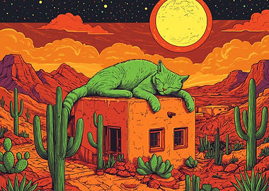 Green Cat Sleeping on Desert Adobe