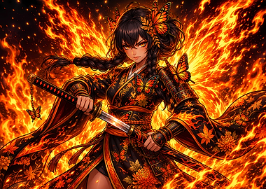 Fire Samurai Girl with Monarch Butterflies