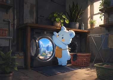 Cute Bear Doing Laundry with City View