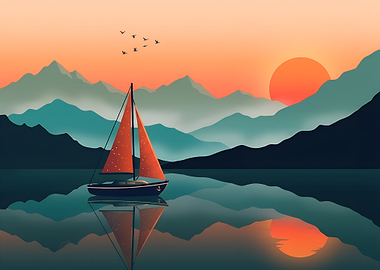 Sailboat on a Calm Mountain Lake by Sunset Nature