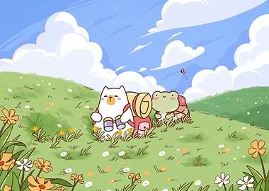 Cute Bear and Frog Hiking