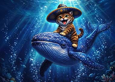 Cat Riding a Whale Underwater