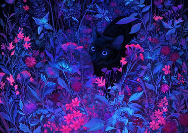 Black Cat in Neon Floral Garden