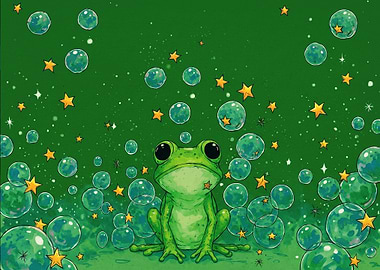 Cute Frog Surrounded by Bubbles and Stars