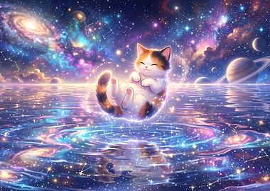 Cute Calico Cat Floating in Space