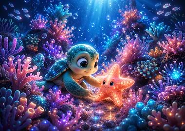 Cute Baby Turtle and Starfish