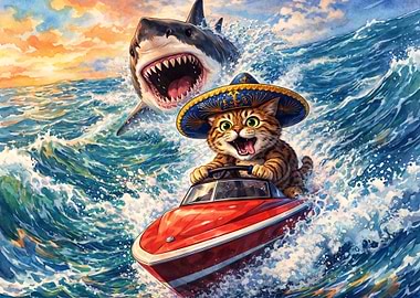 Cat in Sombrero Driving Speedboat