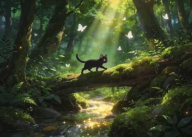 Black Cat Walking on Mossy Log