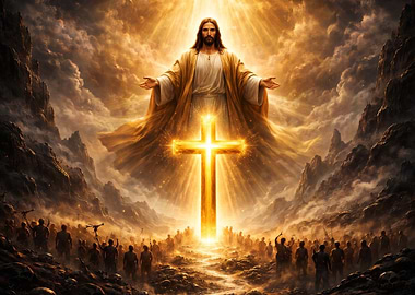 Jesus Christ with Glowing Golden Cross