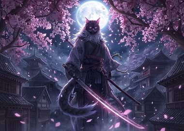 Cat Samurai Under Cherry Blossoms