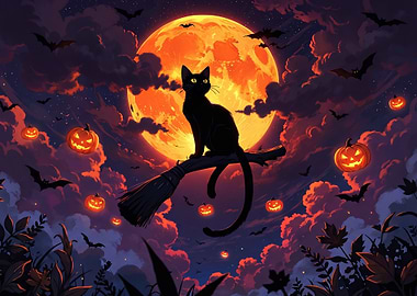 Black Cat on Broomstick Halloween Scene