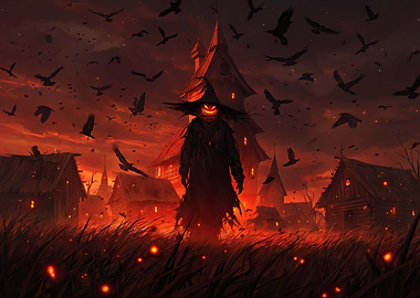 Eerie Pumpkin Scarecrow in Haunted Village