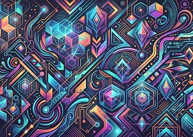 Neon Cybernetic Geometric Abstract Pattern
