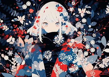 Anime Girl Surrounded by Floral Patterns