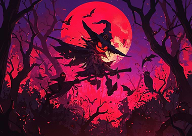 Spooky Witch Flying Under Red Moon
