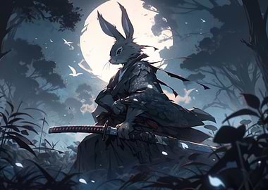 Rabbit Samurai Under Full Moon