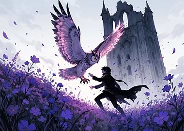 Fantasy Boy and Owl in Field