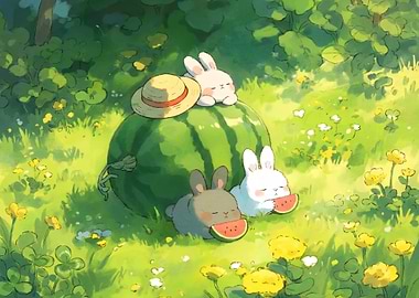 Cute Rabbits Eating Watermelon in Meadow