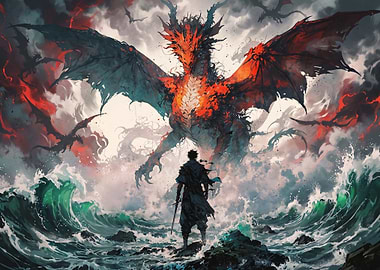Warrior Facing a Colossal Dragon