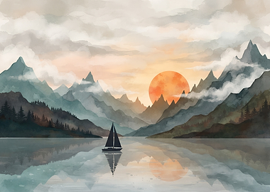 Watercolor Mountains at Lake Sunset Landscape