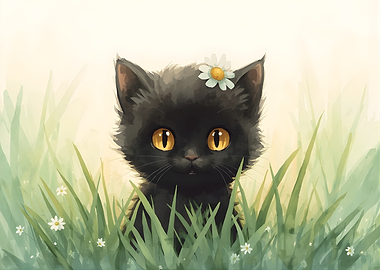 Cute Black Kitten in Daisy Field