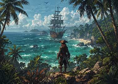 Pirate Captain Overlooking Tropical Bay