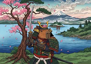 Capybara Samurai Warrior by Mount Fuji
