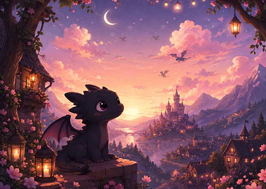Cute Baby Dragon Overlooking Fantasy Kingdom
