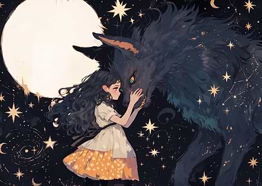 Girl and Giant Wolf Under Stars