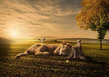 Child Sitting Beside Sleeping Lion