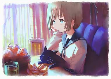 Anime Girl with Cat and Oranges