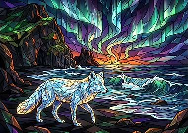 Stained Glass Wolf: Majestic Coastal Scene with Aurora Effect