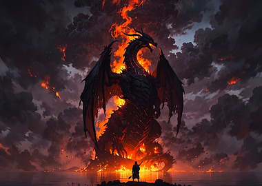 Warrior Facing a Massive Fire Dragon