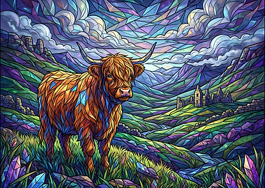 Stained Glass Highland Cow Landscape
