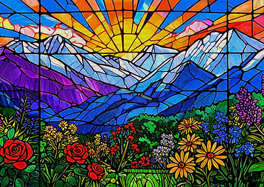 Stained Glass Mountain Sunrise Landscape