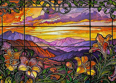 Stained Glass Mountain Sunset Landscape