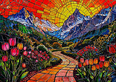Stained Glass Mountain Landscape with Tulips