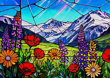 Stained Glass Mountain Meadow Landscape