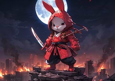 Warrior Rabbit Samurai in Burning City