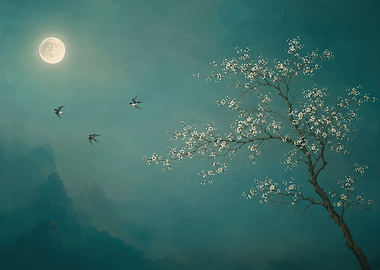 Moonlit Cherry Blossom and Birds
