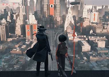 Dystopian Cityscape with Two Figures