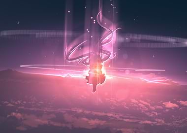 Anime Girl Floating in Glowing Sky