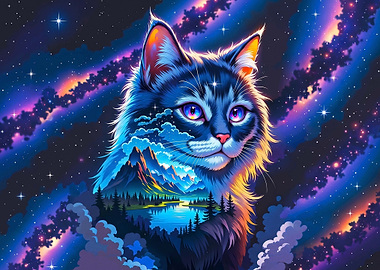 Cosmic Cat with Mountain Landscape Silhouette